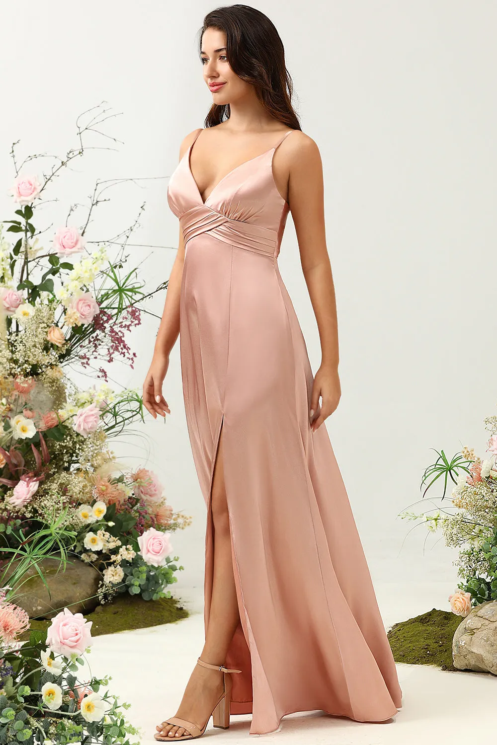 Abito da damigella d'onore con spalline blush linea A con spacco