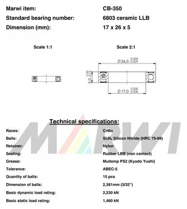 CUSCINETTI CERAMICI 6803 LLB 17x26x5 CB350 CB-350.