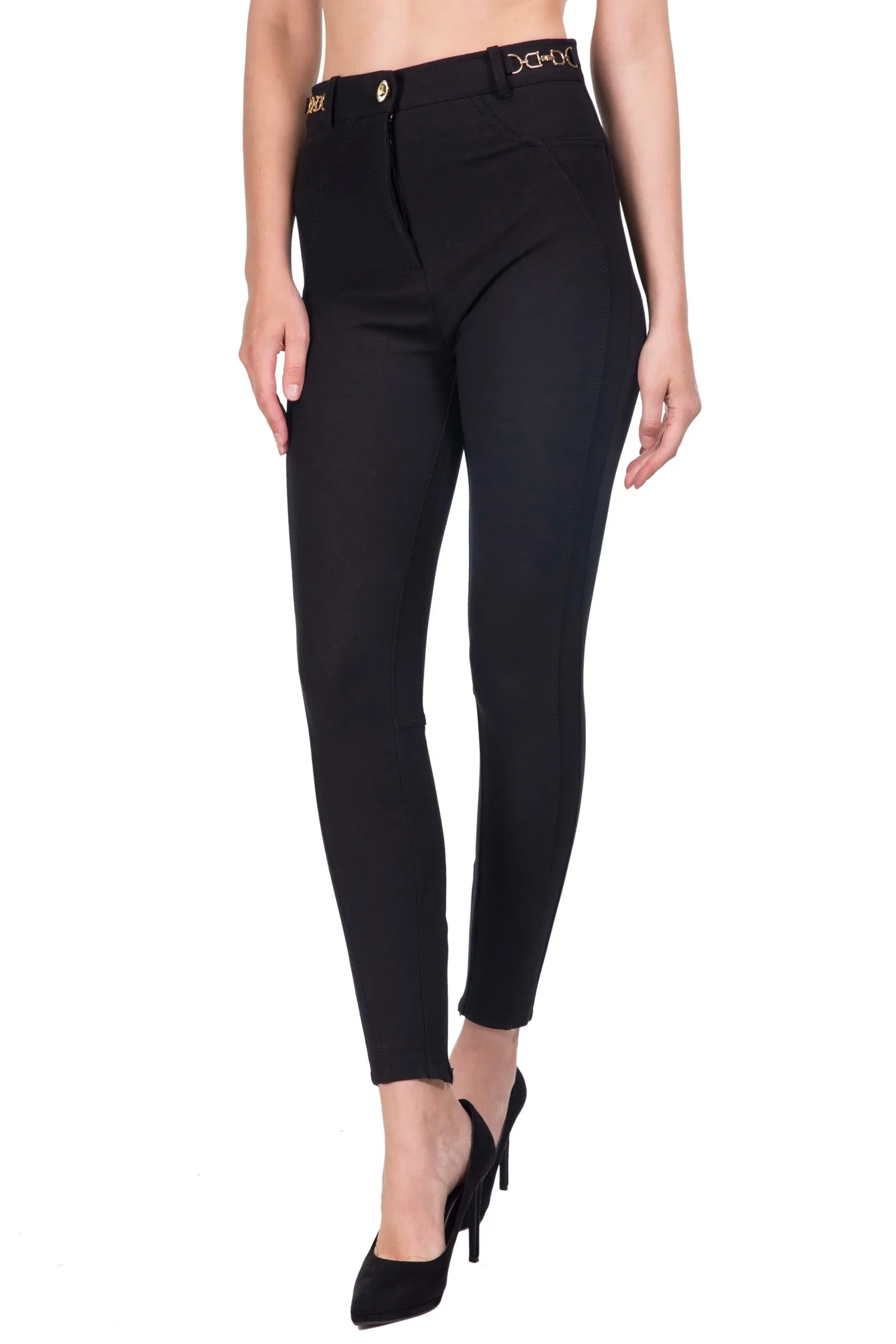 ELISABETTA FRANCHI pantalone skinny cavallerizza con morsetti oro colore Nero