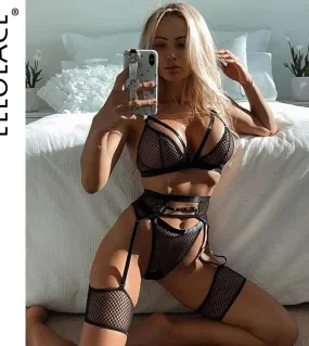 Ellolace Lingerie Womens Underwear Set Mesh Lace Transparent Bra  Lingerie Set 3 Piece Set   Lingerie Setbra  Brief Se
