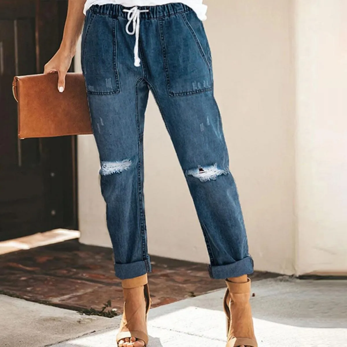 M Xl Solid Cotton Denim Abbigliamento donna per 2024 Summer Fashion Street Style Jeans a vita alta Pantaloni Leggings slim Trous